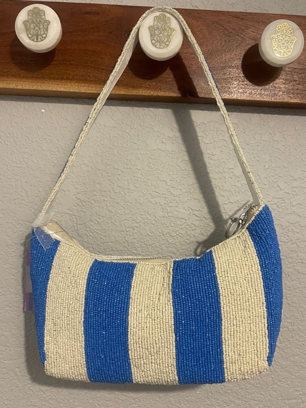 Viral Beaded Bag - Cocktail Stripe Shoulder Bag - Blue & Cream - Picture 7 of 9